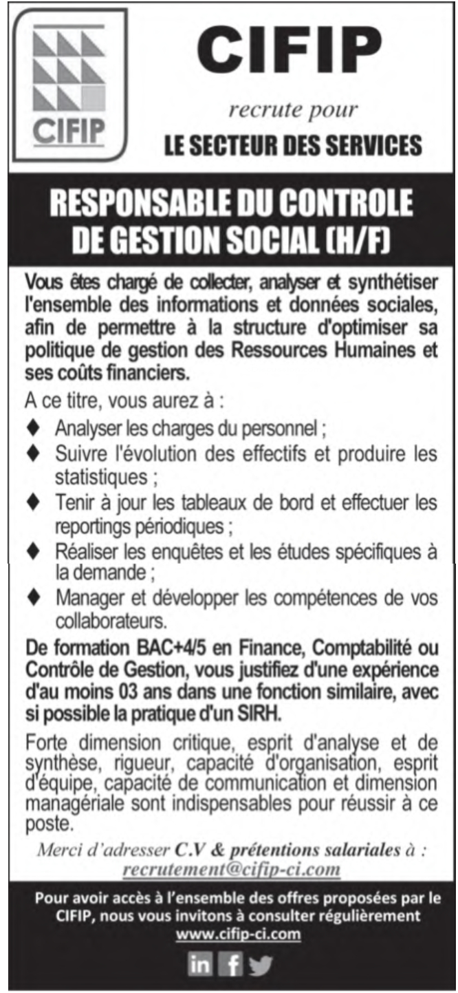 Recrutement de 01 Responsable du contrôle de gestion social (H/F)